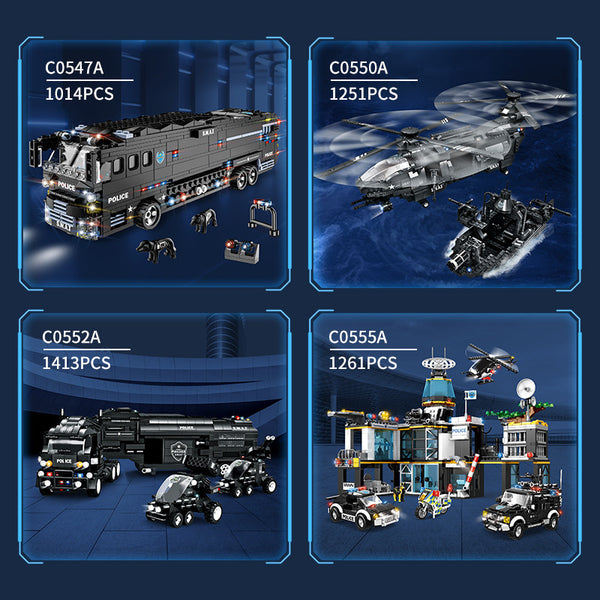 Woma Building Blocks – Children's Police Special Forces Toy for Boys, 4 Sets: 2 Police Trucks, Police Station & Helicopter